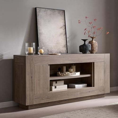 OKD Modern 70" TV Stand, Entertainment Center for TVs Up to 80", Media Console with Large Open Storage & Side Cabinets, Thick Wood Design for Living Room, Alder Grey - color: Alder Grey