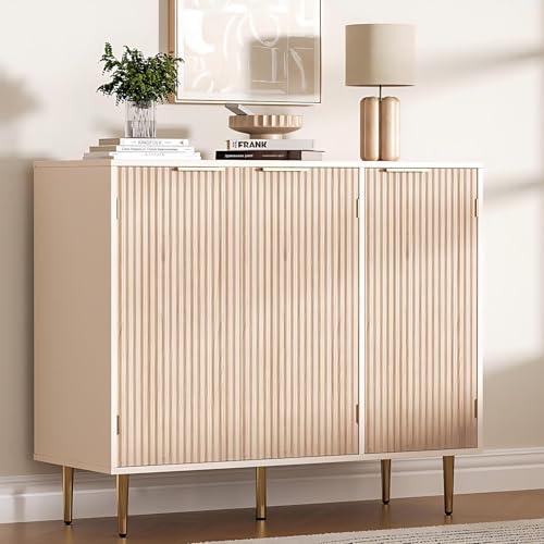 Housoul Fluted Sideboard Buffet Cabinet with 3 Doors, Natural Oak | Kitchen Storage Cabinet with Adjustable Shelves & Golden Handles, Modern Accent Cabinet, Coffee Bar for Kitchen, Living Room - color: Oak