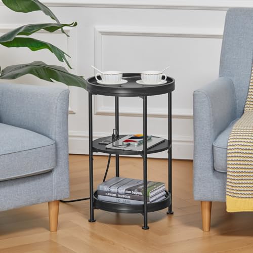 Dulcii Round Side Table with Charging Station, 24'' End Table with 3 Shelves for Living Room, Bedroom Nightstand with Steel Frame for Small Spaces, Industrial Round Sofa Table (USB+Black) - color: Black, style: With Outlets