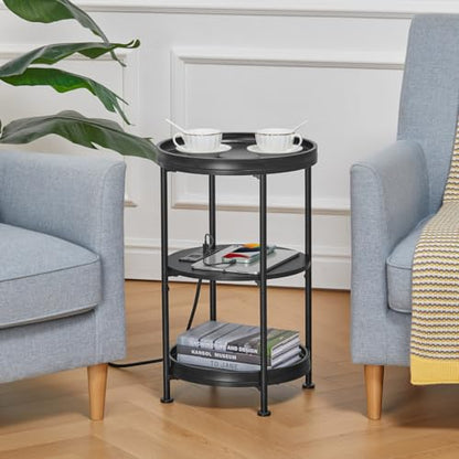 Dulcii Round Side Table with Charging Station, 24'' End Table with 3 Shelves for Living Room, Bedroom Nightstand with Steel Frame for Small Spaces, Industrial Round Sofa Table (USB+Black) - color: Black, style: With Outlets