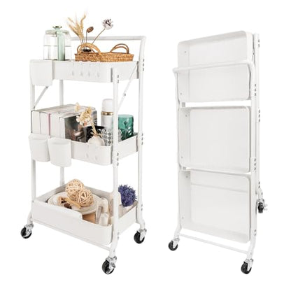 3-Tier Folding Rolling Utility Cart with Wheels, Foldable Storage Cart Organizer with 3 Hanging Cups & 6 Hooks for Kitchen, Office, Living Room, Nursery(White) - color: White