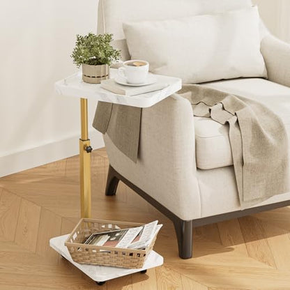 TV Tray Table, Adjustable Dinner Trays for Eating Table,360° Swivel& Sofa Armrest End Side Couch Snack Table for Sofa, Bedroom, Living Room, C Shaped End Table that Slide Under(White+Gold) - color: White Marble+gold