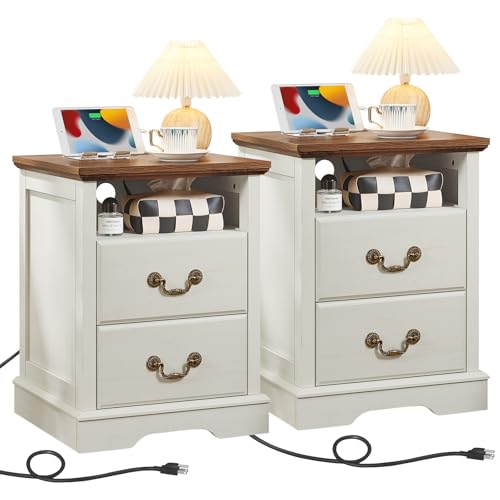 Farmhouse Nightstands Set of 2 with Charger Station, 2 Drawers Night Stand with Storage Shelf, Rustic White 18" Wide Wood Bedside Table, Bed Side End Tables for Bedroom, Living Room - color: White, size: 2PCS