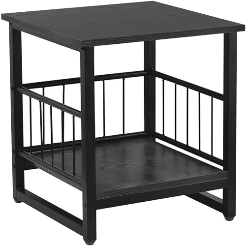 End Table, Industrial Side Table with 2-Tire Storage Shelf, 180LBS Mini Fridge Stand with Adjustable Feet, 18"x18" Wood Night Stand Small Bedside Table with Sturdy Metal Frame for Living Room Bedroom - color: Black 18inch