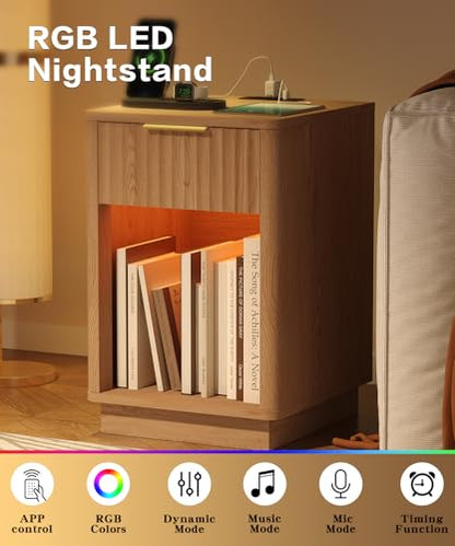 Akxomel Fluted Nightstand, Wooden Night Stand with Charging Station and LED Light, Modern Mid Century End Table with Drawer, 15" D x 15.7" W x 22.6" H, for Bedroom, Natural Oak - color: Natural Oak