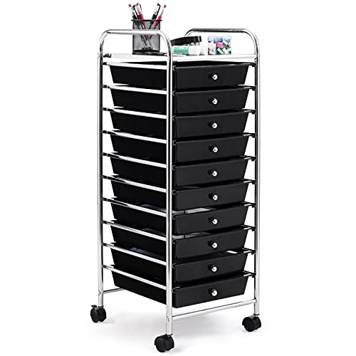 KOTEK 10-Drawer Rolling Storage Cart, Multipurpose Utility Cart Mobile Craft Cart w/Drawers & Wheels, Home Office School Tools Scrapbook Paper Organizer (Black) - color: Black