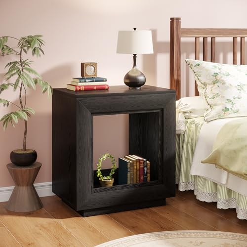 Tribesigns Rustic Wood End Table, 2 Tiered Square Side Table with Storage Shelf, Industrial Sofa Side Table for Living Room, Entrance (Rustic Brown) (1) (1, Black) - color: Black