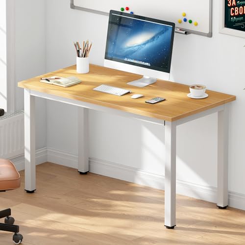 DlandHome 39 inches Small Computer Desk for Home Office, Teak and White | Gaming Study Writing Desk, Modern Simple Computer Table, Sturdy Metal Frame, Adjustable Feet, Compact Modern Design - color: Teak + White, size: 39 inch