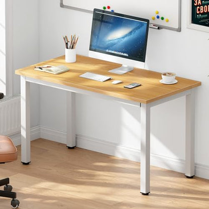 DlandHome 39 inches Small Computer Desk for Home Office, Teak and White | Gaming Study Writing Desk, Modern Simple Computer Table, Sturdy Metal Frame, Adjustable Feet, Compact Modern Design - color: Teak + White, size: 39 inch