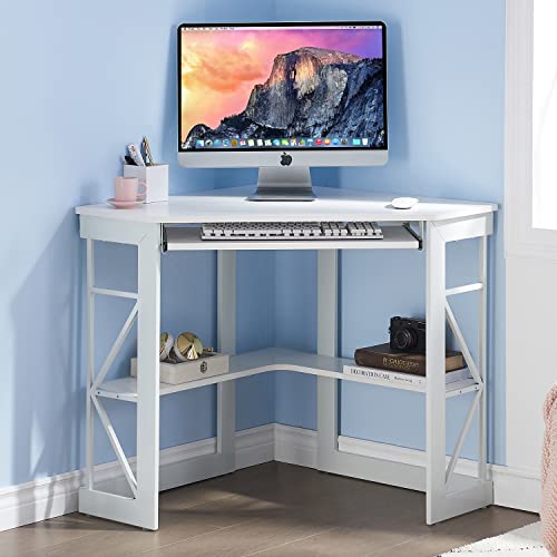VECELO Corner Desk Computer Desk Writing Table with Smooth Keyboard Tray & Storage Shelves,Compact Home Office Triangle Table,White - color: White