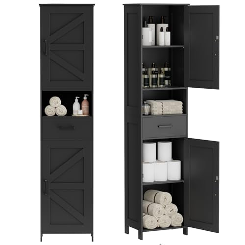 Homhedy 67" H Tall Bathroom Storage Cabinet with 2 Barn Doors and 1 Drawer, Narrow Storage Unit, Adjustable Shelves, Floor Cabinet for Bathroom, Living Room, Entryway, Kitchen, Black, (15.7" W) - color: Black, size: 15.7"W