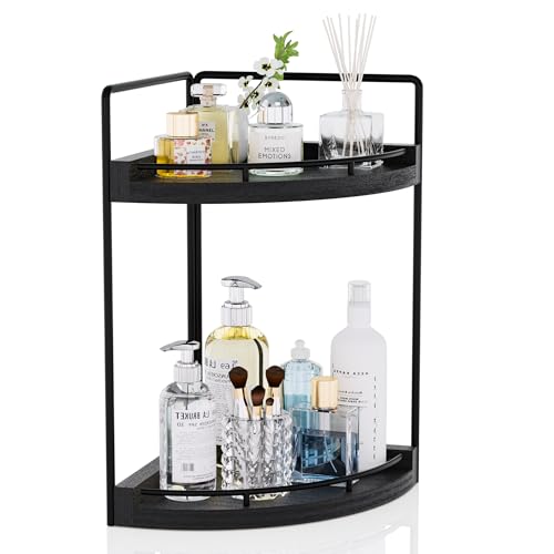 Corner Bathroom Counter Organizer, 2 Tier Wood Vanity Storage, Waterproof Skincare Shelf for Kitchen & Toiletries Decor, Dresser (Black-2 Tier) - color: Black-2 Tier
