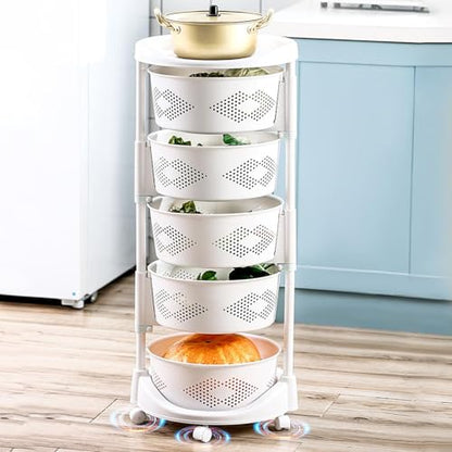 Kitchen Fruit Vegetable Storage Cart, 5 Tier Circular Rotating Basket with Top Lid, Large Hollow Mesh Basket for Veggie Onion Potato Snake, Rolling Storage Rack on Wheels White Five Layers