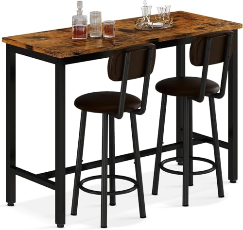 AWQM Bar Table Set of 2, Industrial Bar Table and Chairs Set of 2,3 Piece Bar Height Table with 2 Backrests Stools,Small Kitchen Table for 2,Small Space,Brown & Black - color: Rustic Brown & Black & Brown