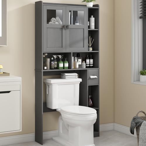Vabches Over The Toilet Storage Cabinet with Doors and Shelf, Natural Grey | Freestanding Home Space Save Toilet Rack, with Adjustable Shelves for Restroom, Bathroom, Laundry - color: Natural Grey, size: W33.03''