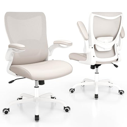 MUXX.STIL Office Chair, PU Leather Ergonomic Desk Chair with Adjustable Lumbar Support and Flip up Armrest, Breathable Mesh Computer Chair for Home Office, Khaki - color: Cream Khaki (Pu Leather Seat)