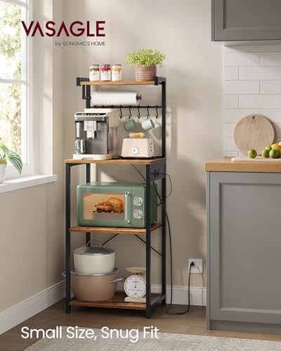 VASAGLE BARNET Collection - Kitchen Bakers Rack with Power Outlet, 17.7-Inch Wide Coffee Bar 4-Tier with 8 S Hooks, Modern Microwave Stand, Adjustable Shelf, Rustic Brown and Ink Black UKKS013KD01 - color: Rustic Brown + Ink Black, size: 17.7"W
