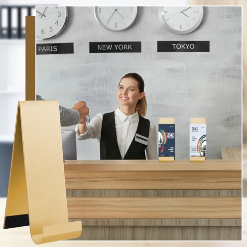 Yaocom 4 Pcs Metal Fancy Brochure Holder Display Flyer Brochure Holder Stand Table Vertical Countertop Literature Organizer for Booklets Pamphlet Magazine Menu Journals(Gold) - color: Gold