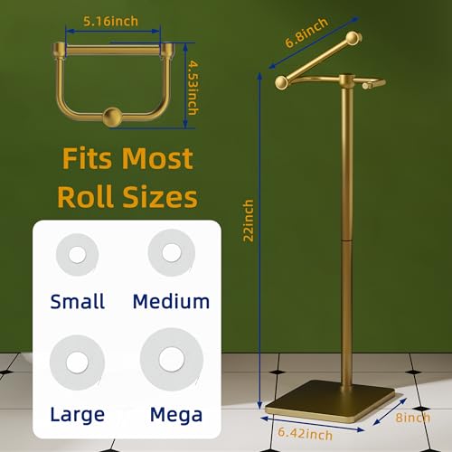 RUACQ Bathroom Toilet Paper Holder Stand, Brushed Gold | Dual-Post Pivoting Free Standing Toilet Roll Holder with Weighted Base, Anti-drop Design 304 Stainless Steel Tissue Stand - color: Brushed Gold, size: Free Standing