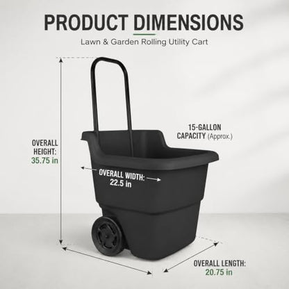 15-Gallon Rolling Lawn and Garden Utility Cart, Durable Resin Yard Wagon with Retractable Handle & 7-Inch Flat-Free Wheels for Outdoor Mulch, Dirt, and Debris Transport, Black