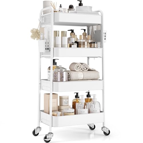 TOOLF 4 Tier Rolling Cart with Pegboard, Metal Storage Organizer Cart with Wheels, Hooks & Bins Esthetician Craft Art Sturdy Storage for Bathroom, Kitchen, Office, Nursery Diaper - color: White, size: 4-Tier