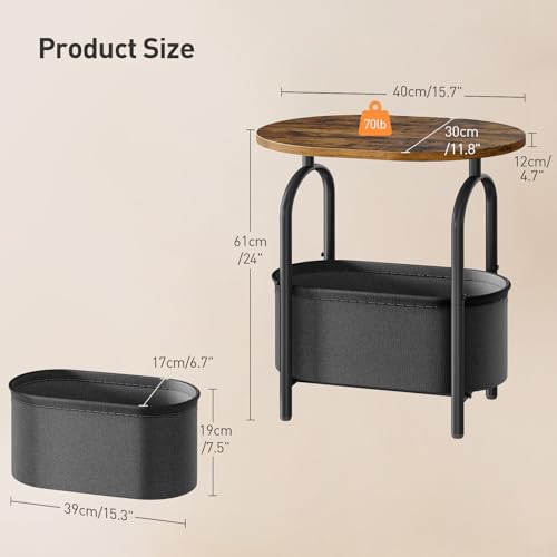 RALGEND Small Round Side Table with Fabric Basket Storage, Oval End Table for Small Spaces, Modern Coffee Bedside Table, Couch Side Table for Living Room, 15.7" X 11.8" X 24", Rustic Brown 8601BZBF - color: Rustic Brown and Black