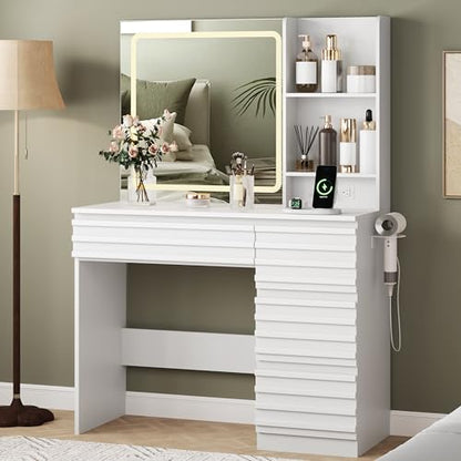 Makeup Vanity Desk with Lights, Fluted Vanity with 4 Drawers, Open Shelves, Power Outlet, LED Lighted Mirror, 3 Lighting Modes & Brightness Adjustable, Wood Dressing Table for Bedroom,White - color: White