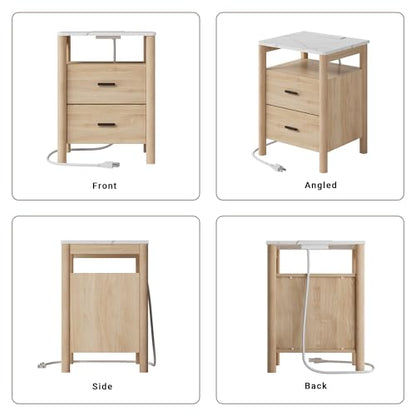 Night Stand Set 2, 20" Wide Nightstands Set of 2, Nightstand with Charging Station & Faux Marble Top, 2 Drawer End Table with Solid Round Post Legs, Bedside Table for Bedroom, Natural Oak - color: Natural Oak + Faux Marble Top, size: 20''W x 15.7'D x 24''