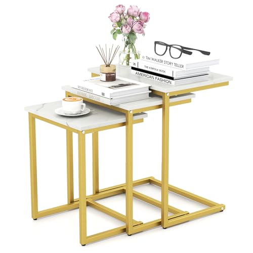 Giantex Nesting Coffee Table Set of 3, Stackable Square End Table w/Faux Marble Tabletop & Heavy-Duty Metal Frame, Farmhouse C-Shaped Accent Table for Small Space, Living Room, Bedroom (White Gold) - color: White Gold