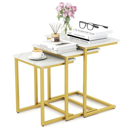 Giantex Nesting Coffee Table Set of 3, Stackable Square End Table w/Faux Marble Tabletop & Heavy-Duty Metal Frame, Farmhouse C-Shaped Accent Table for Small Space, Living Room, Bedroom (White Gold) - color: White Gold