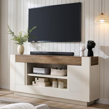 OKD Modern 70" TV Stand, Entertainment Center for TVs Up to 80", Media Console with Large Open Storage & Side Cabinets, Thick Wood Design for Living Room, Antique White - color: Antique White