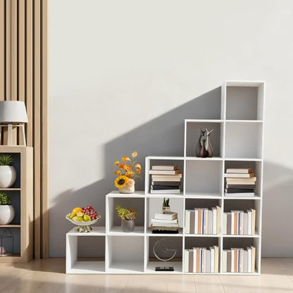 5-Tier Stepped Bookshelf, 15 Cube Storage Organizer Floor Standing Storage Shelf Modern Open Bookshelf for Home and Office (White) - size: 15 Cube L-Shaped