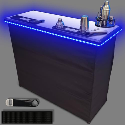 PartyLife Premium Portable Bar Table w/LED Lights, Folding Legs, Black Fabric Bar Skirt, 2 Storage Shelves & 2 Carrying Bags | Commercial Grade | Strong & Sturdy - White - color: White, size: Premium, style: LED Lights