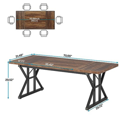 Tribesigns Farmhouse Dining Table for 6 People, 70.8-Inch Rectangular Wood Dining Table, Rustic Kitchen Table with Heavy Duty Metal Legs for Dining Room - color: Brown/Black