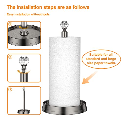 KASUNTO Paper Towel Holder with Crystal Ball - Steel Countertop Stand, Fits Standard & Jumbo Rolls, Brushed Nickel - color: Brushed Nickel