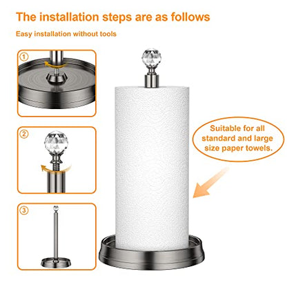 KASUNTO Paper Towel Holder with Crystal Ball - Steel Countertop Stand, Fits Standard & Jumbo Rolls, Brushed Nickel - color: Brushed Nickel