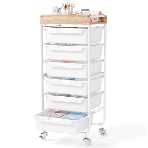 6 Drawer Rolling Cart for Craft Storage,Utility Drawer Organizer with Handle and Wooden Top, Storage on wheels for Office, Classroom,Laundry，Garage, Snack,Art Supply,White - color: White, size: 6-Drawer