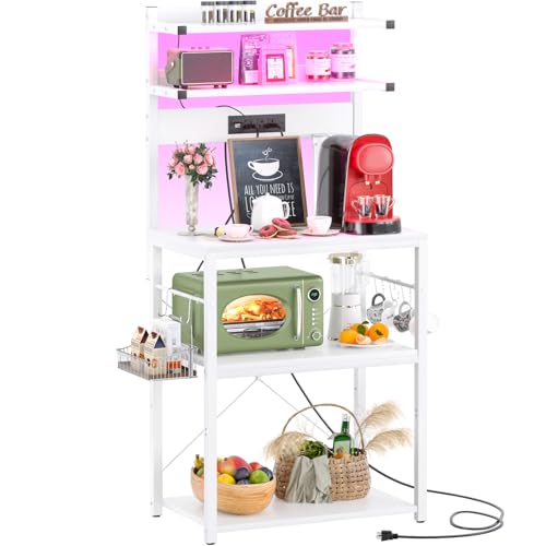 Aheaplus Bakers Rack with Power Outlet, Microwave Stand, 5 Tiers Coffee Bar Station with Led Lights, Kitchen Storage Shelf with 6 S-shaped Hooks, Kitchen Rack for Spices, Pots and Pans, White - color: White, size: 23.6 inch