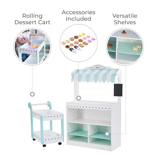 Teamson Kids My Dream Bakery Shop Dessert Stand and Rolling Pastry Cart Interactive Wooden Play Set with 18 Pretend Baked Goods, White and Mint Green with Gray Polka Dot Accents - style: Bakery Shop Dessert Stand
