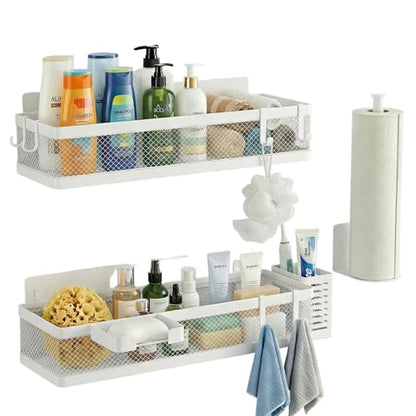 PUSDON 5-in-1 16.5" Extra Long Slim Wall Mount Wrapped Mesh Kitchen Organizer & Shower Caddy Kit, with Paper Towel Holder, Utensil Holder, Soap Dish, Holds 50LBS - White, Netting - color: White, size: 5-in-1 Full Mesh (16.5" Extra Long)