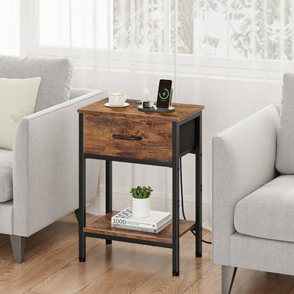 Vagusicc Nightstand Set of 2 with Charging Station, Bed Side Table with Fabric Drawer, Small End Table with 2-Tier Storage Shelves, 25.4" Tall Bedside Table, Night Stand for Bedroom Dorm, Rustic Brown - color: Rustic Brown (2 Pack)