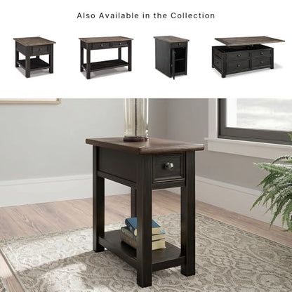 Signature Design by Ashley Narrow Chairside End Table with Charging Station | Smooth-gliding remote drawer, Lower display shelf, Rustic 2-tone finish, Tyler Creek Series - color: Black
