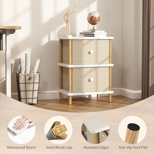 Apicizon Nightstand with 2 Drawers, Side Table with Storage, White+Natural | Small End Table with Solid Wood Legs, for Small Spaces, Bedroom, Living Room, Entryway, Easy Assembly - color: White+natural