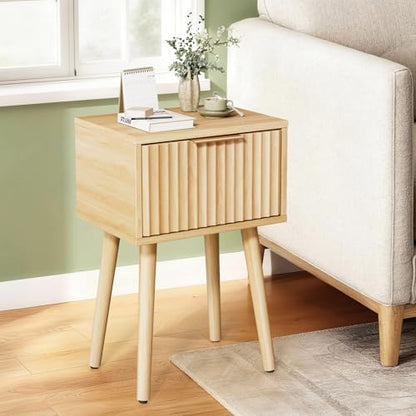 VINGLI Night Stand, Fluted Nightstand Wood, Mid Century Modern Nightstand for Bedroom, Bedside Table, Wood Side Table, Small Night Stand Oak, 15.75" W*11.81" D*21.85" H - color: Oak, size: 15.7"W-1 Drawer
