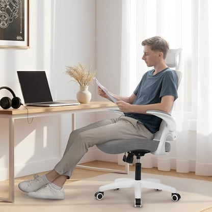 NEO CHAIR Office Desk Chair Gaming Computer High Back Support Mesh Comfy Seat with Adjustable Ergonomic Headrest Lumbar Rolling Flip-up Armrests and Wheels (Grey) - color: Grey