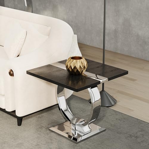 Asday Black End Table, Modern Wood Side Table, Silver End Table with U-Shaped Stainless Steel Base - color: Black and Silver, size: Set of 1