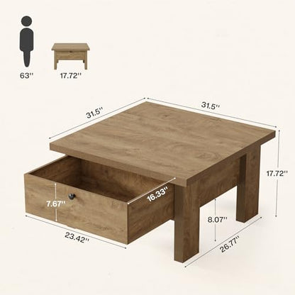 Tribesigns 31.5" Coffee Table, Farmhouse Coffee Table with Storage Drawer, Square Center Table for Living Room & Small Spaces, Brown