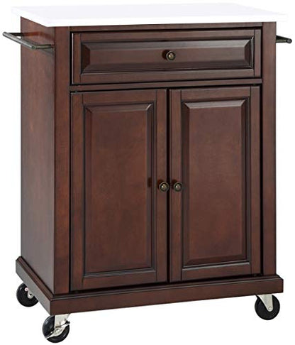 Crosley Furniture Compact Stone Top Small Rolling Cart with Shelves, Microwave Stand with Towel Rack, Mahogany - color: Mahogany, style: White Granite Top