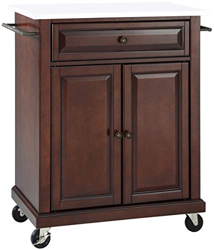 Crosley Furniture Compact Stone Top Small Rolling Cart with Shelves, Microwave Stand with Towel Rack, Mahogany - color: Mahogany, style: White Granite Top