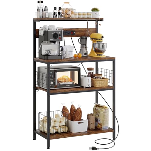 Sweetcrispy Kitchen Bakers Rack with Power Outlet, Coffee Bar Table 4 Tiers, Microwave Oven Stand Station, Adjustable Storage Shelf Freestanding Appliance Organizer - 31.5 Inch, Rustic Brown - color: Rustic Brown, size: 31.5 inch